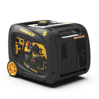 A FIRMAN Power Equipment Inverter Portable Generator 3300W Electric Start from the W03082 series with wheels, multiple control knobs and outlets, displayed on a white background.