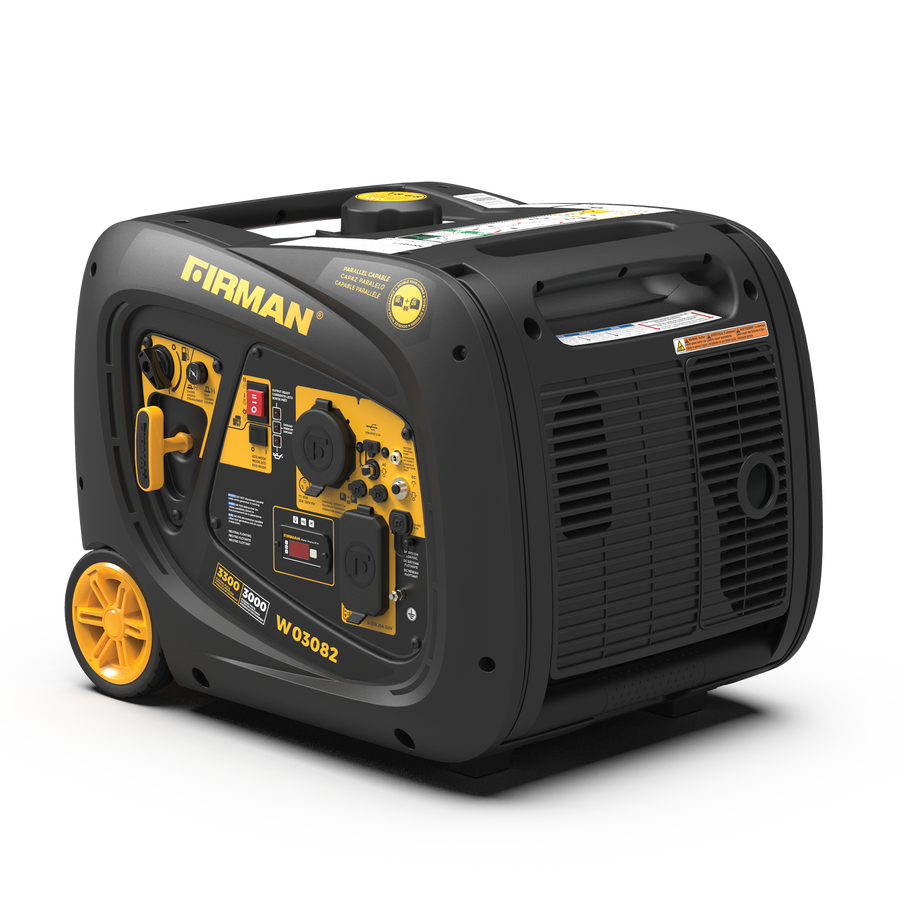 A FIRMAN Power Equipment Inverter Portable Generator 3300W Electric Start from the W03082 series with wheels, multiple control knobs and outlets, displayed on a white background.