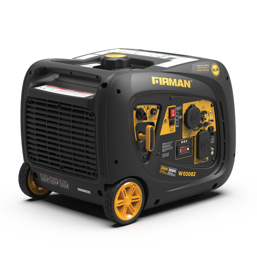 Black and yellow FIRMAN Power Equipment Inverter Portable Generator 3300W Electric Start on a white background.