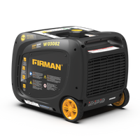 Portable FIRMAN Power Equipment W03082 inverter generator with yellow accents, side and front views visible on a white background.