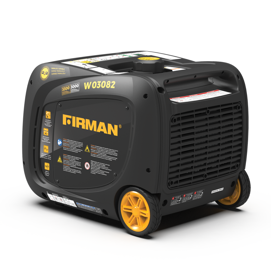 Portable FIRMAN Power Equipment W03082 inverter generator with yellow accents, side and front views visible on a white background.