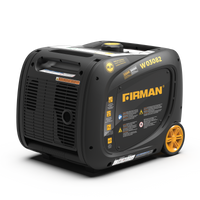 Black FIRMAN Power Equipment Inverter Portable Generator 3300W Electric Start with yellow accents and informational labels, displayed on a white background.