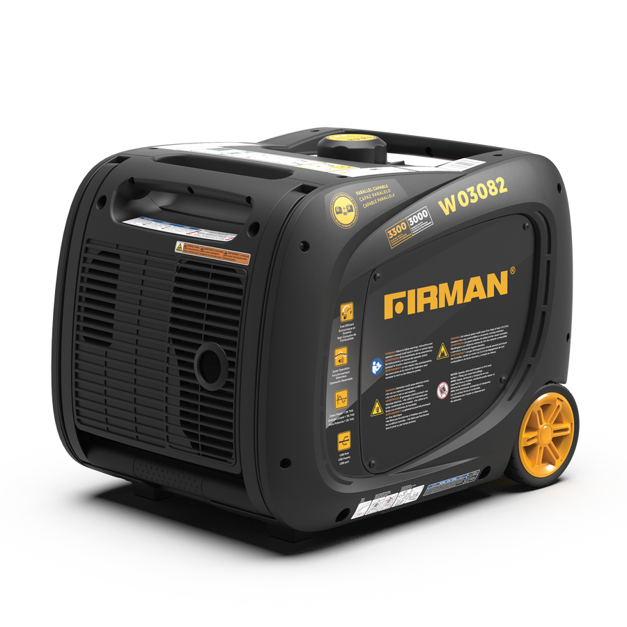 Black FIRMAN Power Equipment Inverter Portable Generator 3300W Electric Start with yellow accents and informational labels, displayed on a white background.
