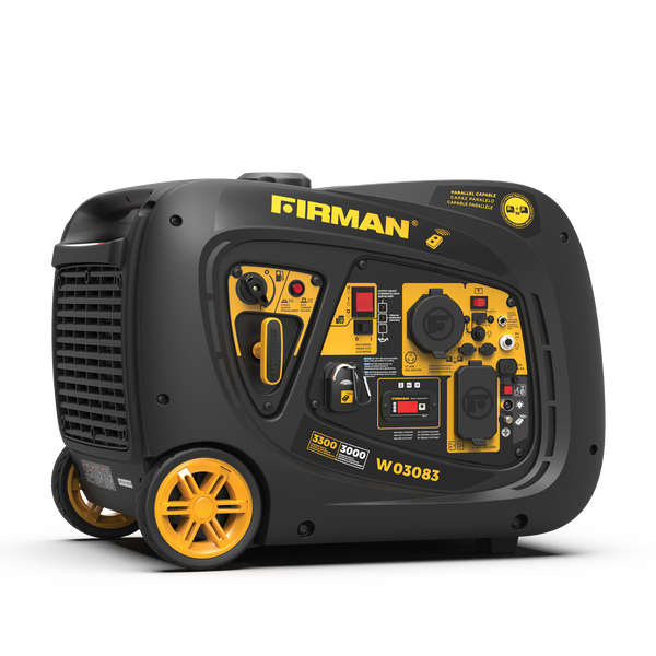 A FIRMAN Power Equipment inverter portable generator 3300W remote start on wheels, featuring a black and yellow design with various power output sockets and control buttons.