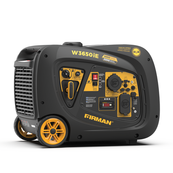 A portable FIRMAN Power Equipment Gas Inverter Portable Generator 3650W Electric Start with yellow and black detailing, featuring a control panel, wheels, and fuel economy mode.
