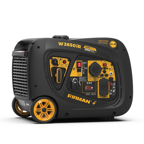 Portable FIRMAN Power Equipment inverter generator 3650W Remote Start, California Emission Certified, with yellow and black details, featuring multiple outlets and digital controls on a gray background. Suitable for camping.