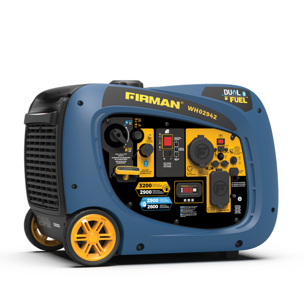 Blue and black FIRMAN Power Equipment Refurbished Dual Fuel Inverter 3200W Electric Start generator with yellow wheels on a striped gray background.