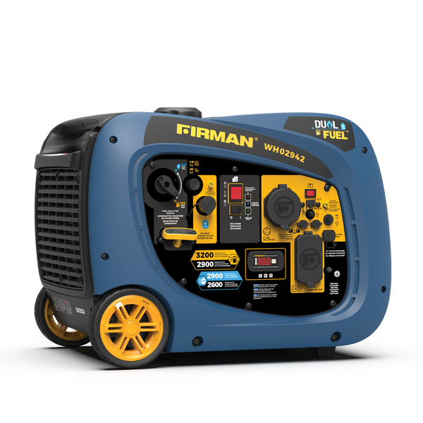 A portable Dual Fuel Inverter Portable Generator 3200W Electric Start by FIRMAN Power Equipment, featuring a blue and black casing with yellow wheels and digital display, from the Whisper Hybrid Dual Fuel Generator Series.