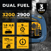 Advertisement for the FIRMAN Power Equipment Dual Fuel Inverter Portable Generator 3200W Electric Start from the Whisper Hybrid Dual Fuel Generator Series, listing features like starting and running watts, tank capacity, run time, engine type, and a 3-year warranty