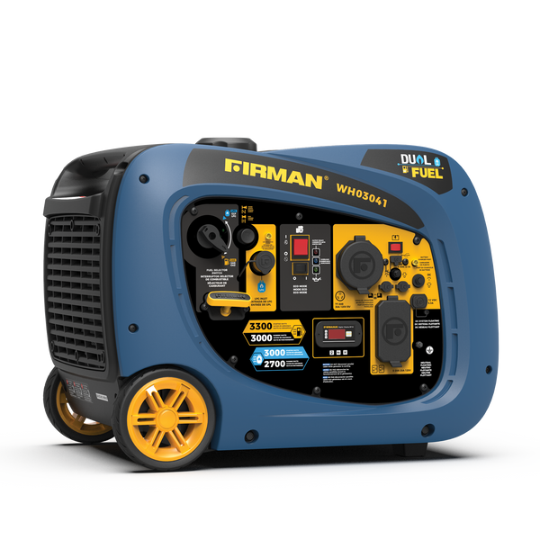 A Dual Fuel Inverter Portable Generator 3300W Recoil Start by FIRMAN Power Equipment, model WH03041, with multiple outlets including an RV-Ready TT-30R 30 Amp outlet and digital control panel, set against a