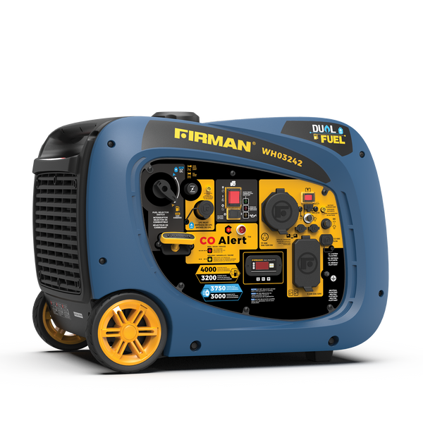 Blue FIRMAN Power Equipment Dual Fuel Inverter Portable Generator 4000W Electric Start with CO ALERT on a white background.