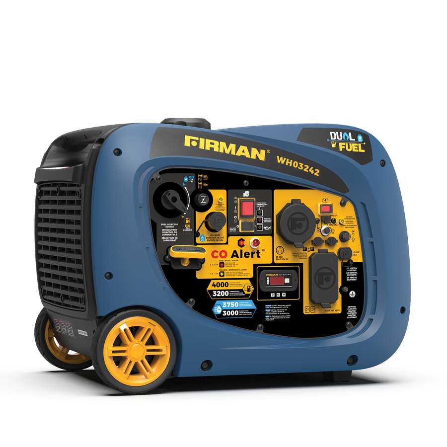 Blue FIRMAN Power Equipment Dual Fuel Inverter Portable Generator 4000W Electric Start with CO ALERT on a white background.