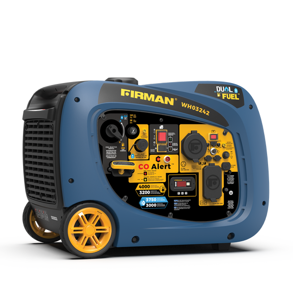 Blue and black FIRMAN Power Equipment Refurbished Dual Fuel Inverter 4000W with Electric Start generator with yellow wheels on a striped gray background.