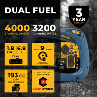 Advertisement for the FIRMAN Power Equipment Whisper Hybrid Series dual fuel generator highlighting features: 4000 starting watts, 3200 running watts, 1.8 gallon tank, 9-hour runtime, 193cc engine