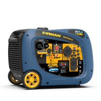 A blue and black FIRMAN Dual Fuel Inverter Portable Generator 4125W Electric Start with CO ALERT with yellow wheels and various operational buttons and ports on the front panel.