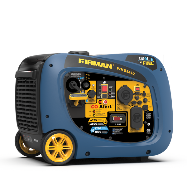 A blue and black FIRMAN Dual Fuel Inverter Portable Generator 4125W Electric Start with CO ALERT with yellow wheels and various operational buttons and ports on the front panel.