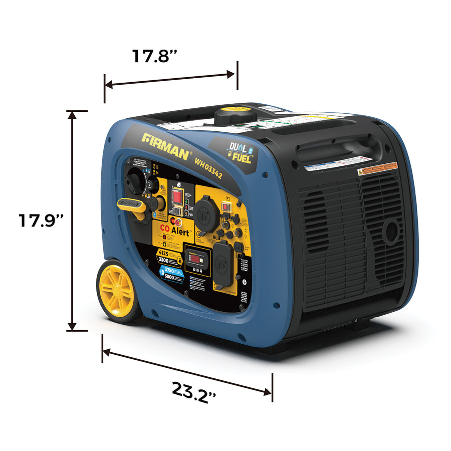 FIRMAN Power Equipment Dual Fuel Inverter Portable Generator on wheels, blue, with visible dimensions and control panel labeled with various functions including CO alert.