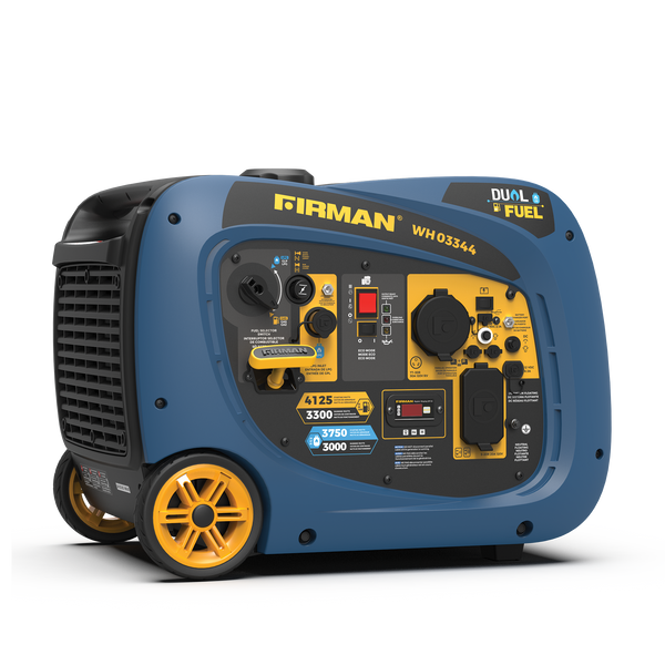 Portable Dual Fuel Inverter Generator with blue casing and yellow wheels, featuring various control knobs, outlets, a digital display, and RV-ready capabilities.