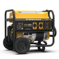 A yellow and black FIRMAN Gas Portable Generator 8350W Recoil Start 120/240V, model P06706, featuring a control panel and sturdy wheels on a striped background.