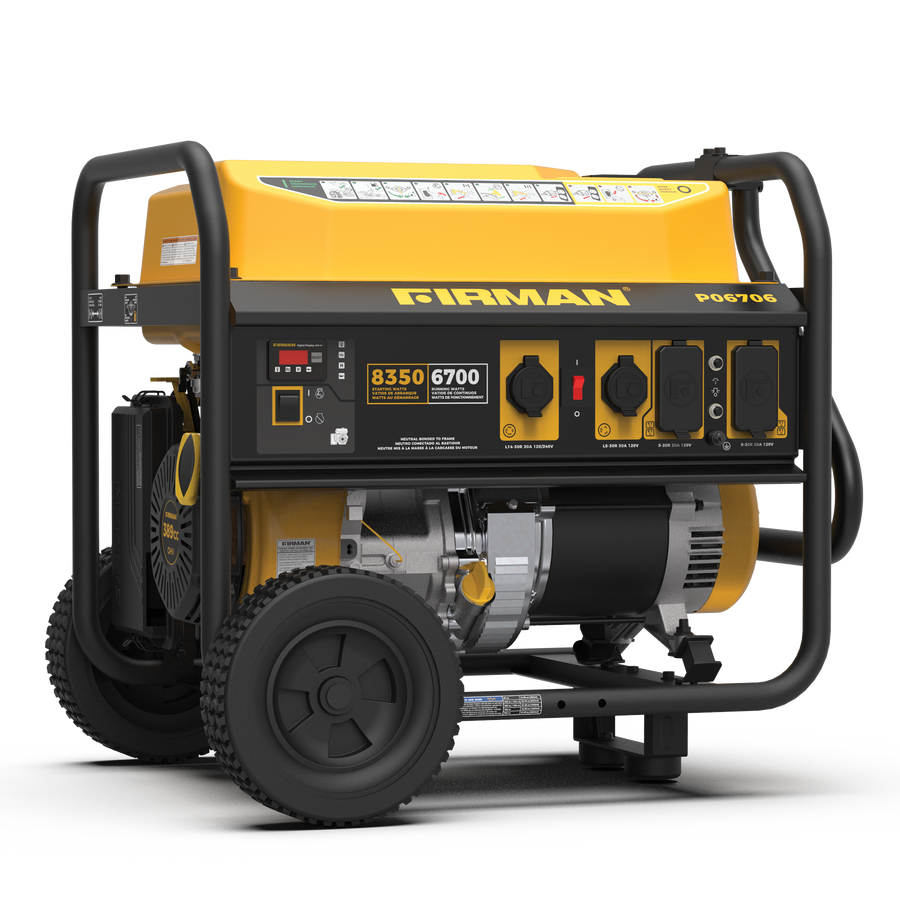 A yellow and black FIRMAN Gas Portable Generator 8350W Recoil Start 120/240V, model P06706, featuring a control panel and sturdy wheels on a striped background.