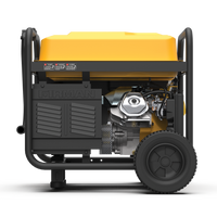 The FIRMAN Power Equipment Gas Portable Generator 8350W Recoil Start 120/240V with black housing, wheels, and a yellow top, viewed from the side, displaying engine and structural details.