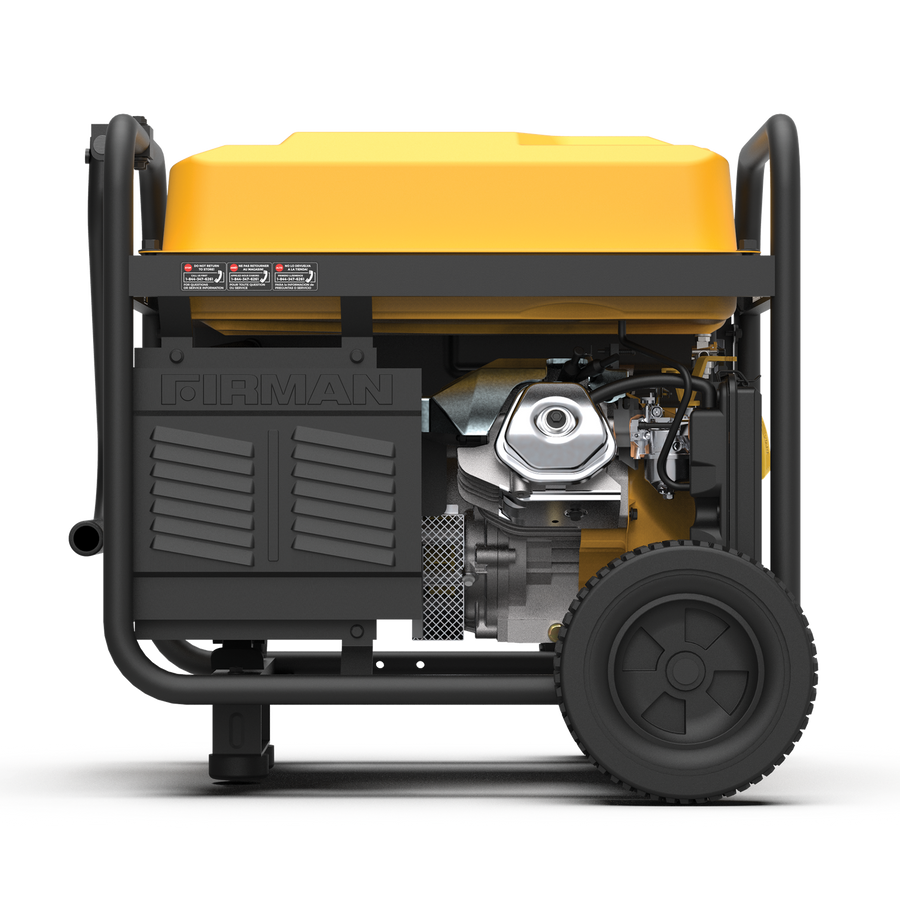 The FIRMAN Power Equipment Gas Portable Generator 8350W Recoil Start 120/240V with black housing, wheels, and a yellow top, viewed from the side, displaying engine and structural details.