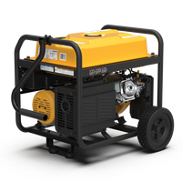 FIRMAN Power Equipment Gas Portable Generator 8350W Recoil Start 120/240V on wheels, featuring a yellow and black body enclosed in a sturdy metal frame, isolated on a white background.