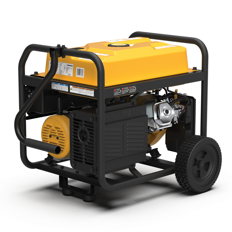 FIRMAN Power Equipment Gas Portable Generator 8350W Recoil Start 120/240V on wheels, featuring a yellow and black body enclosed in a sturdy metal frame, isolated on a white background.
