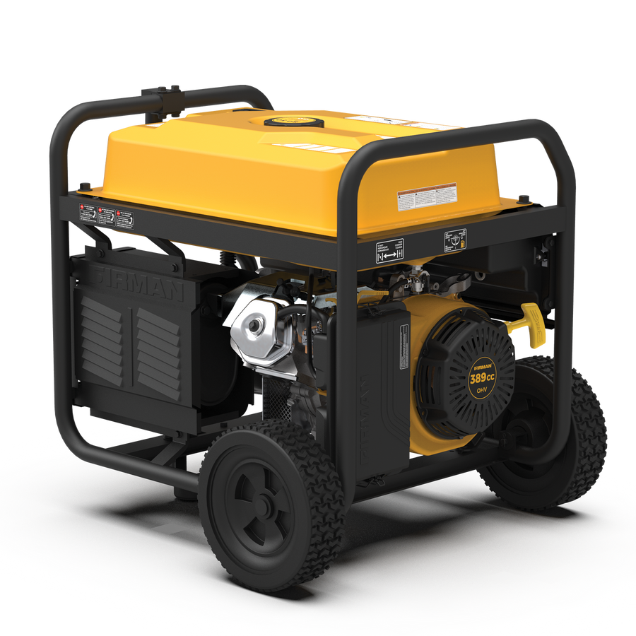 Portable yellow and black FIRMAN Power Equipment Gas Portable Generator 8350W Recoil Start 120/240V on a frame with wheels, featuring a 389cc engine and control panel.
