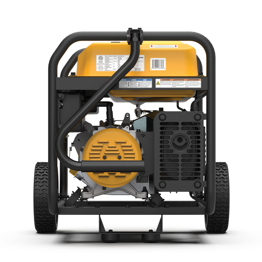 Gas FIRMAN Portable Generator 8350W Recoil Start 120/240V on wheels with a visible engine and yellow fuel tank, against a plain background.