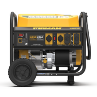 Gas Portable Generator 8350W Recoil Start 120/240V by FIRMAN Power Equipment generator on wheels, featuring a control panel with multiple outlets and gauges, predominantly black and yellow. This 8350-watt generator offers reliable backup power.