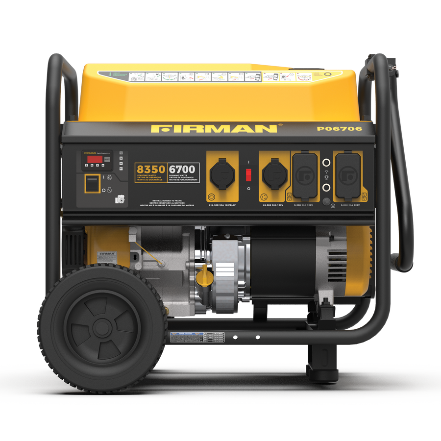 Gas Portable Generator 8350W Recoil Start 120/240V by FIRMAN Power Equipment generator on wheels, featuring a control panel with multiple outlets and gauges, predominantly black and yellow. This 8350-watt generator offers reliable backup power.