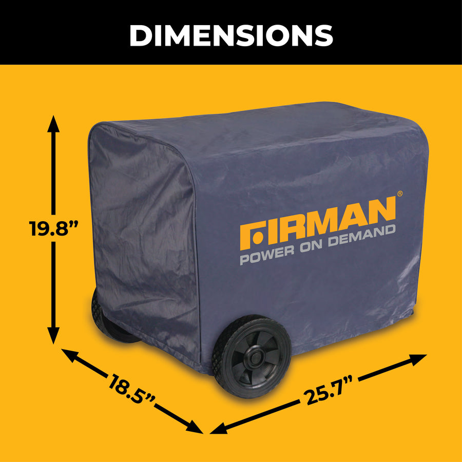 The FIRMAN Power Equipment Medium Size Portable Generator Inverter Cover, measuring 19.8" tall by 18.5" deep by 25.7" wide, is shown with wheels on a yellow background. This cover is weatherproof and rectangular in design.