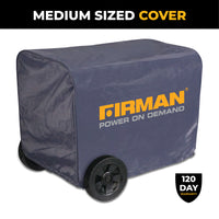 Protect your medium generator with the FIRMAN Power Equipment Medium Size Portable Generator Inverter Cover, weatherproof and wheeled, featuring the "Power On Demand" logo and a 120-day warranty badge.