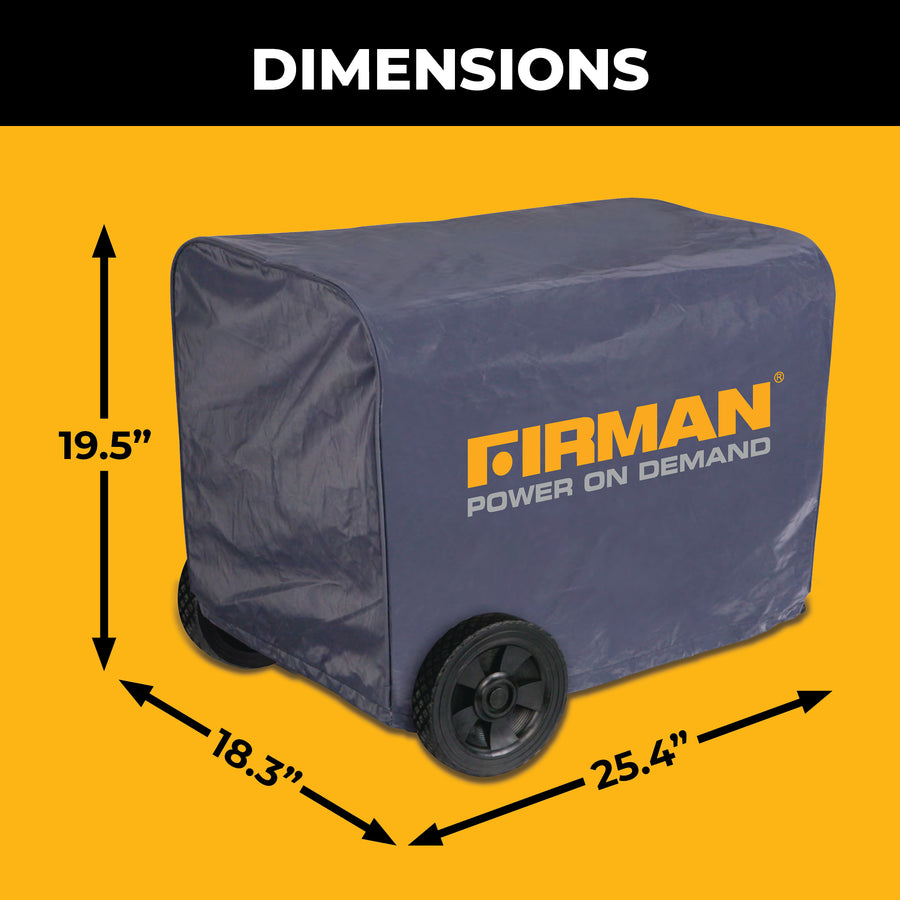 The FIRMAN Power Equipment Small Size Portable Generator Weatherproof Cover (19.5" H x 18.3" D x 25.4" W) is shown against a yellow background, ideal for protecting your small generator from the elements.