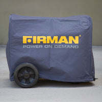 A FIRMAN Power Equipment Medium Size Portable Generator Inverter Cover, featuring the company logo and “Power On Demand” slogan, protects a portable generator on a concrete surface.