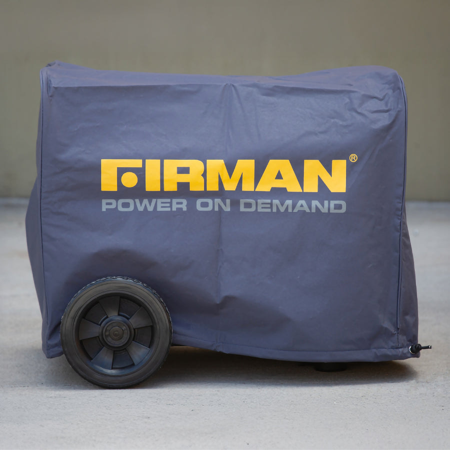 A FIRMAN Power Equipment Medium Size Portable Generator Inverter Cover, featuring the company logo and “Power On Demand” slogan, protects a portable generator on a concrete surface.