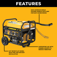 The FIRMAN Power Equipment 8" Wheel Kit and Handle enhances generator portability with a folding handle, never-flat wheel, and rubber-mounted support leg. Features are shown with labeled arrows on a yellow background.