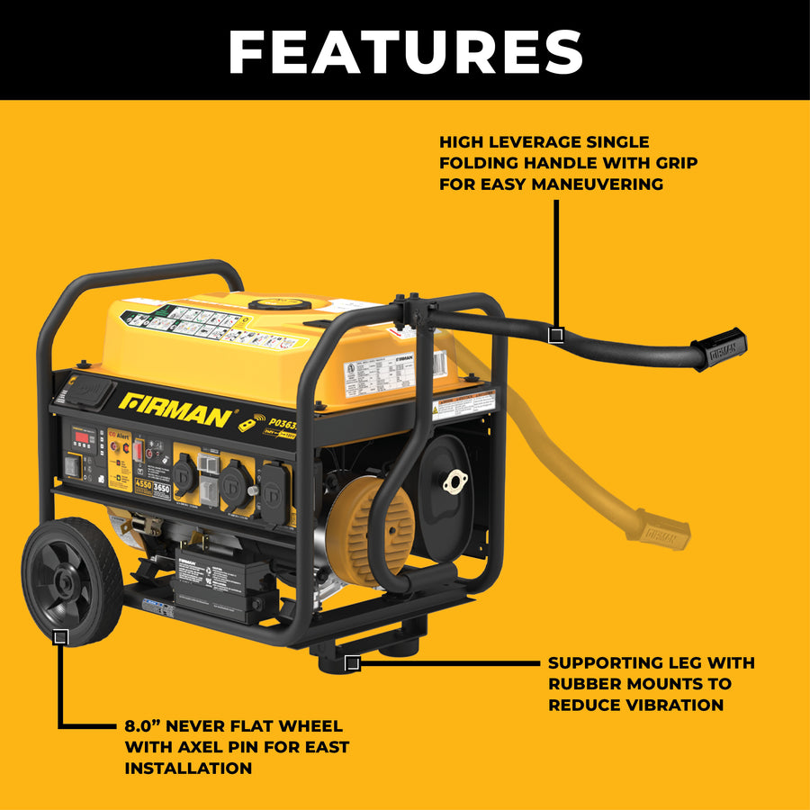 The FIRMAN Power Equipment 8" Wheel Kit and Handle enhances generator portability with a folding handle, never-flat wheel, and rubber-mounted support leg. Features are shown with labeled arrows on a yellow background.