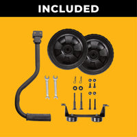 The FIRMAN Power Equipment 8" Wheel Kit and Handle, arranged on an orange background, includes two wheels, handle, wrenches, bolts, fasteners, and a mounting bracket—enhancing the portability of compatible generators.