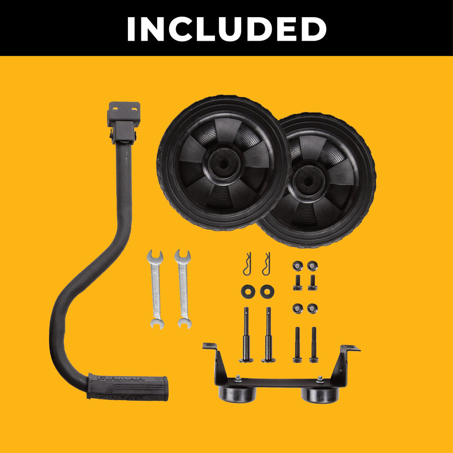 The FIRMAN Power Equipment 8" Wheel Kit and Handle, arranged on an orange background, includes two wheels, handle, wrenches, bolts, fasteners, and a mounting bracket—enhancing the portability of compatible generators.
