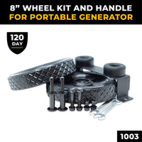 The FIRMAN Power Equipment 8" Wheel Kit and Handle includes bolts, nuts, washers, and wrenches for 3000–4900-watt generators to enhance portability. Shown on a white background.
