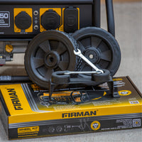 A FIRMAN Power Equipment 8" Wheel Kit and Handle, including two wheels, an axle, and a wrench, rests on a yellow FIRMAN box in front of a portable generator, highlighting key generator accessories.