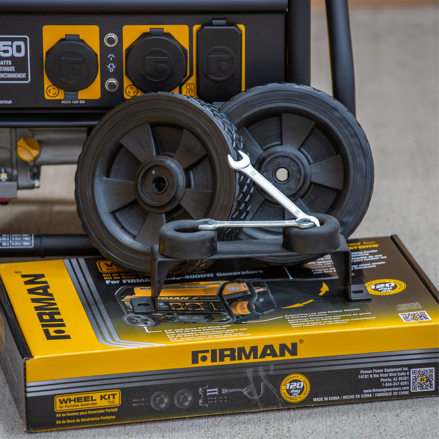 A FIRMAN Power Equipment 8" Wheel Kit and Handle, including two wheels, an axle, and a wrench, rests on a yellow FIRMAN box in front of a portable generator, highlighting key generator accessories.