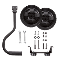 The FIRMAN Power Equipment 8" Wheel Kit and Handle, including two black wheels, support brackets, mounting hardware, wrenches, bolts, and pins, is neatly arranged on a white background.