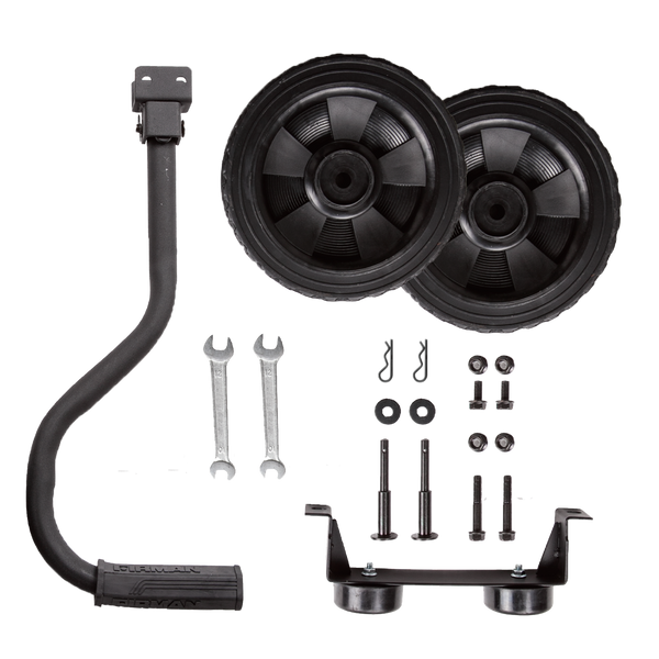 The FIRMAN Power Equipment 8" Wheel Kit and Handle, including two black wheels, support brackets, mounting hardware, wrenches, bolts, and pins, is neatly arranged on a white background.