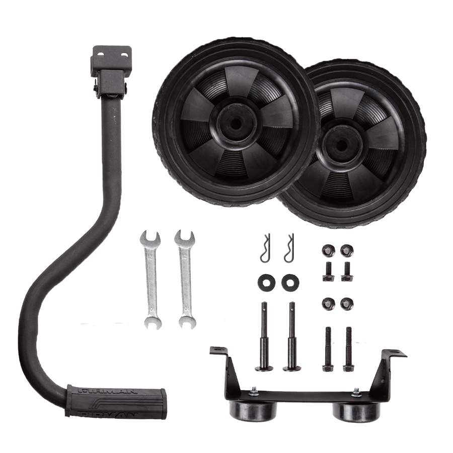 The FIRMAN Power Equipment 8" Wheel Kit and Handle, including two black wheels, support brackets, mounting hardware, wrenches, bolts, and pins, is neatly arranged on a white background.