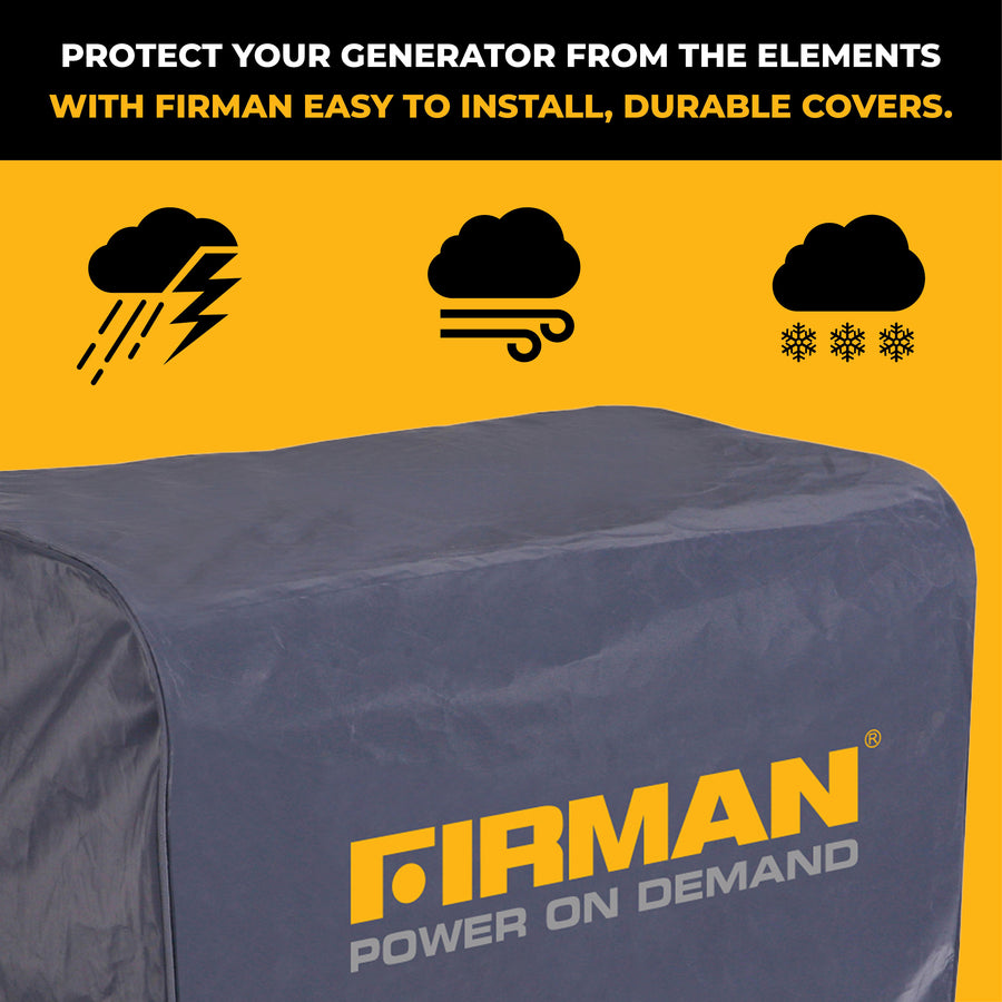 The FIRMAN Power Equipment Small Size Portable Generator Weatherproof Cover features weather icons and text highlighting its durable protection from rain, wind, and snow.