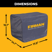 The FIRMAN Power Equipment Small Size Portable Generator Weatherproof Cover, in gray and measuring 15.1" H x 14.1" D x 17.5" W, is shown against a yellow background.