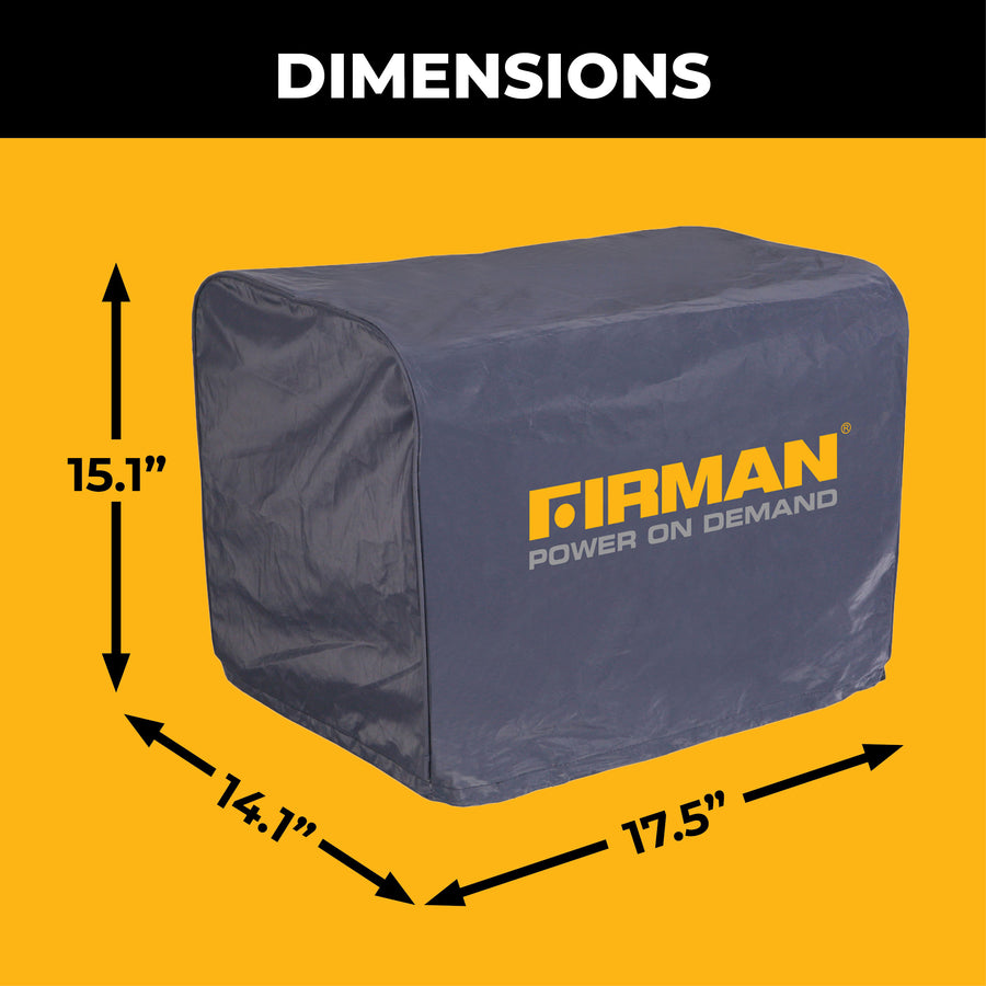 The FIRMAN Power Equipment Small Size Portable Generator Weatherproof Cover, in gray and measuring 15.1" H x 14.1" D x 17.5" W, is shown against a yellow background.